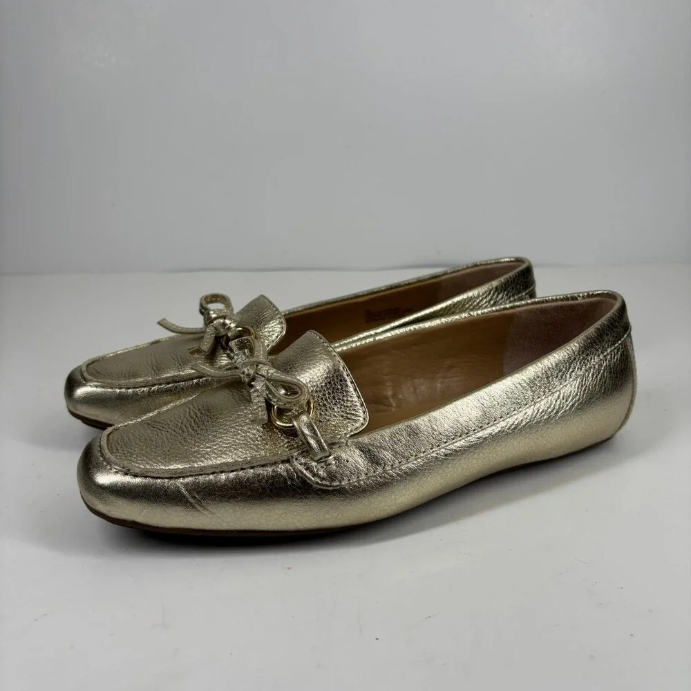 Talbots Women's US 7M Metallic Gold Leather Bow Tie Slip-On Loafers‎ Flats Shoes